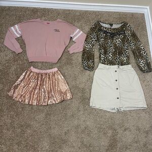 ALL 4pc Bundle Women’s Small 4 Pink Sweater Animal Print Top Sequin Khaki Skirt